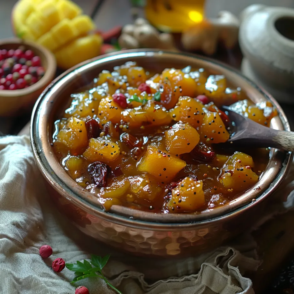 chutney de mangue aux épices maison. Condiment indien authentique, parfait avec viandes et fromages