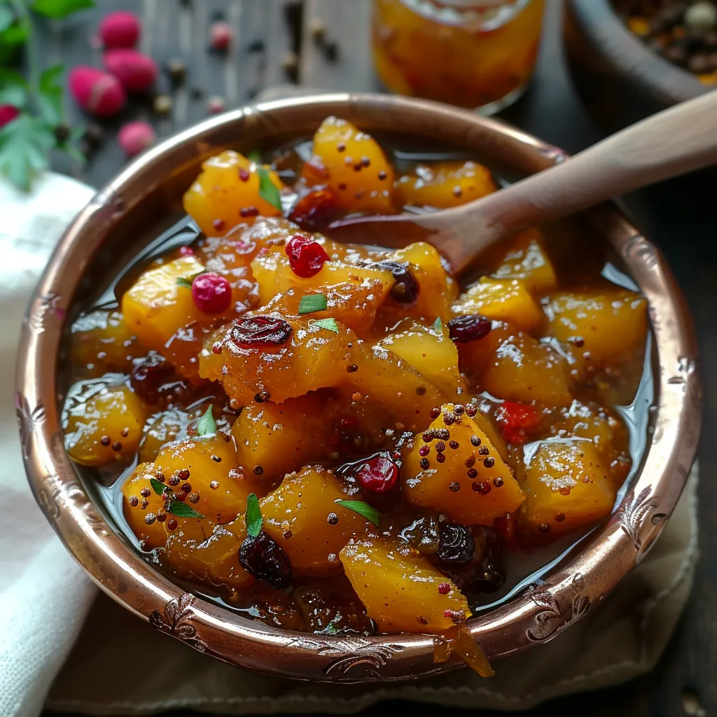 Chutney de mangue aux épices indien maison. Condiment authentique curry, gingembre et baies roses