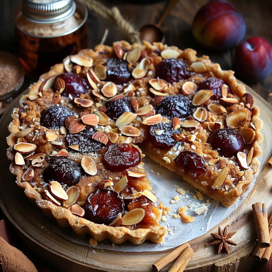 Tarte aux quetsches avec crème d'amandes, noisettes et cannelle. Dessert automnal gourmand
