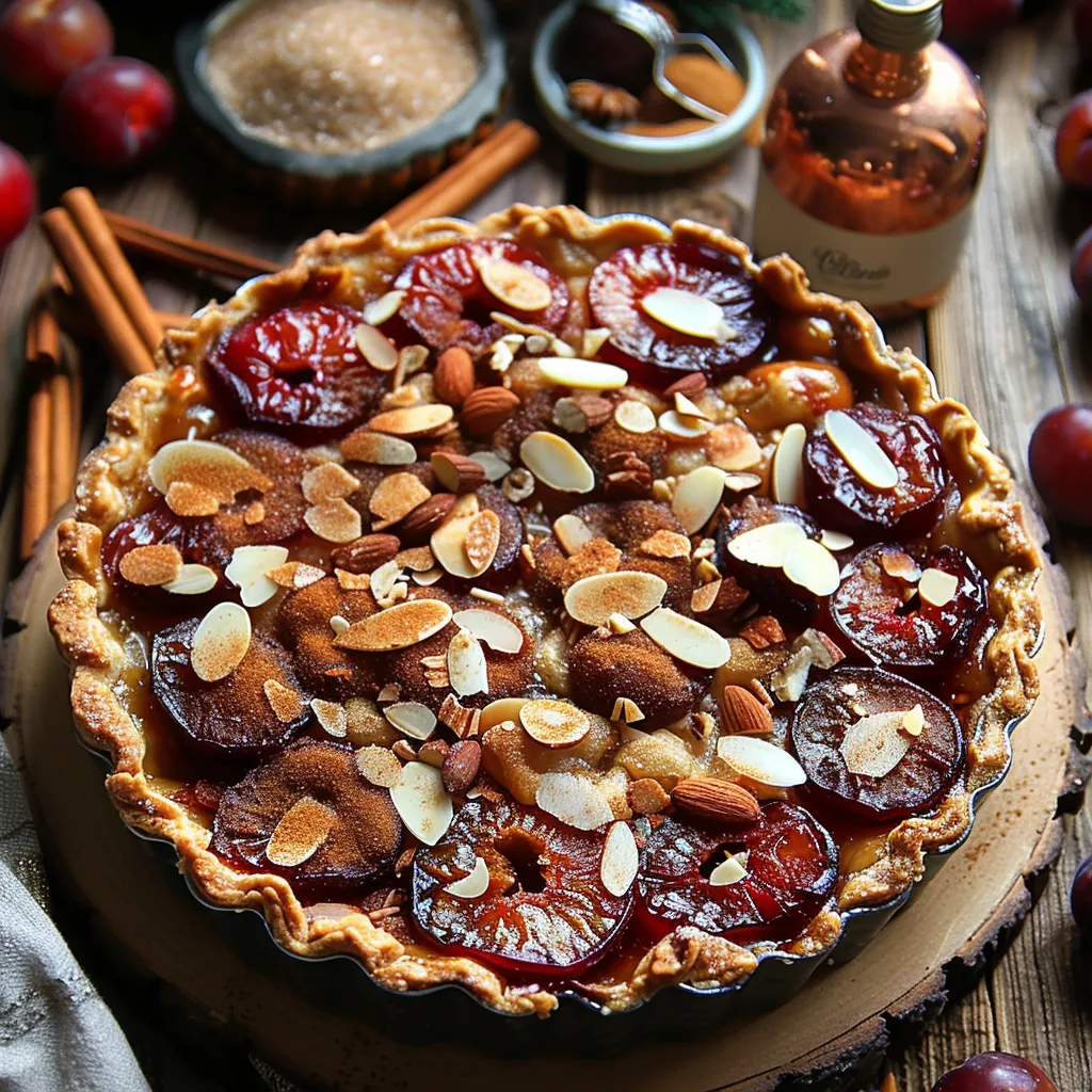 Tarte aux quetsches et crème d'amandes-noisettes parfumée cannelle et amaretto