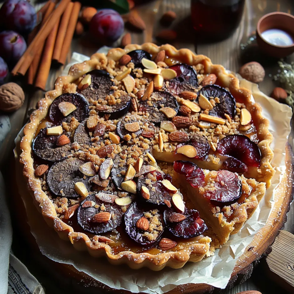 Tarte aux quetsches et crème d'amandes-noisettes parfumée cannelle