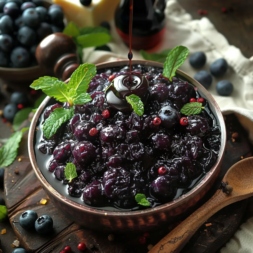 Confit de myrtilles aux 5 baies et menthe fraîche. Condiment sophistiqué pour fromages