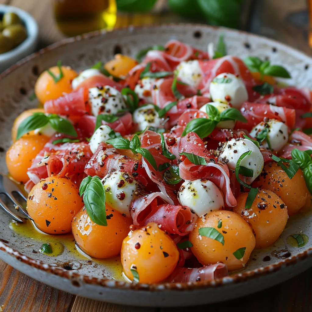 salade melon jambon mozzarella au basilic. Entrée estivale rafraîchissante