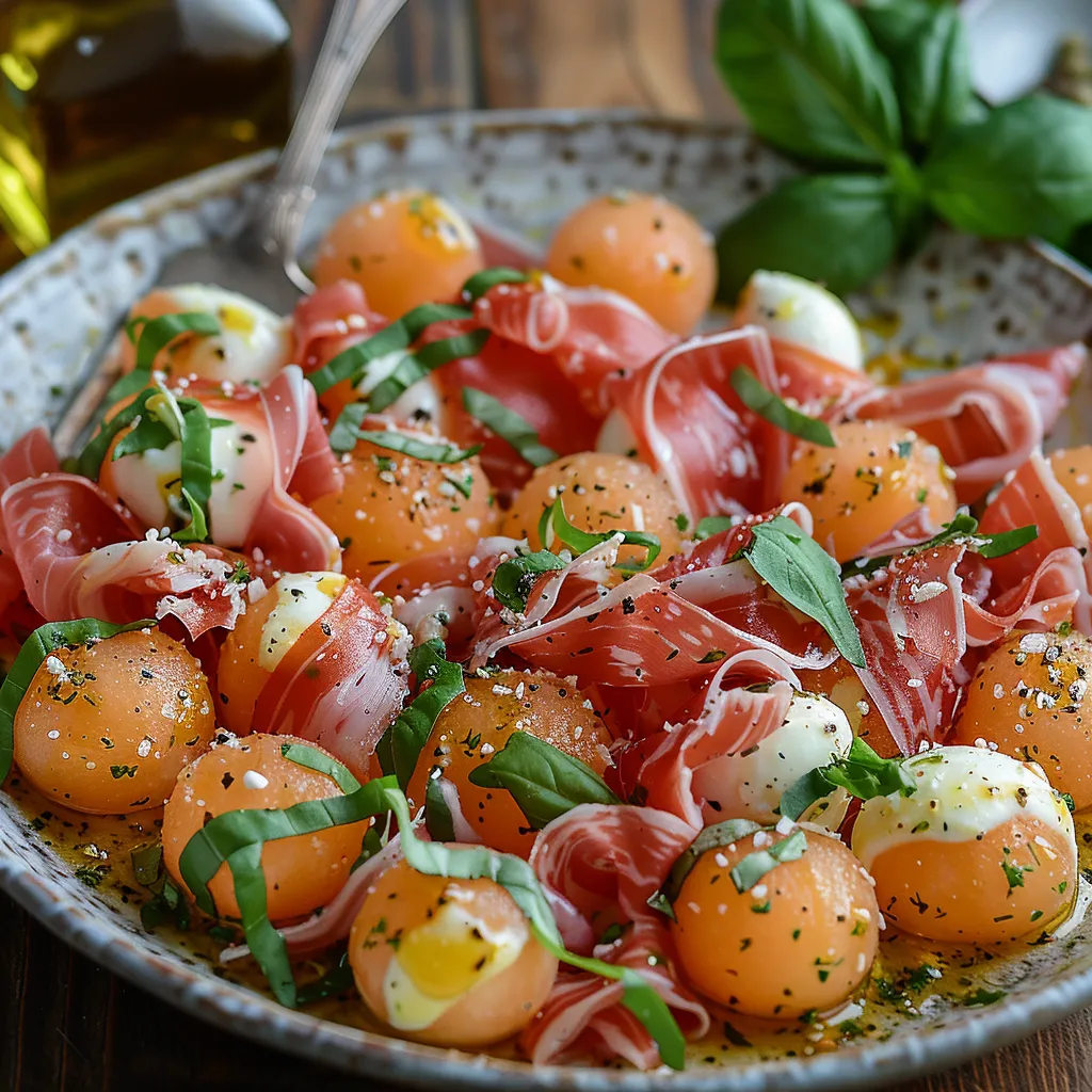 Salade melon jambon mozzarella au basilic frais. Entrée estivale italienne