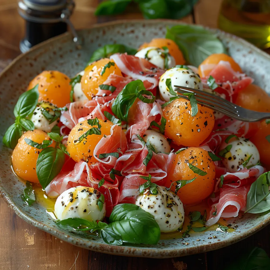 Salade fraîche au melon, feta et jambon cru