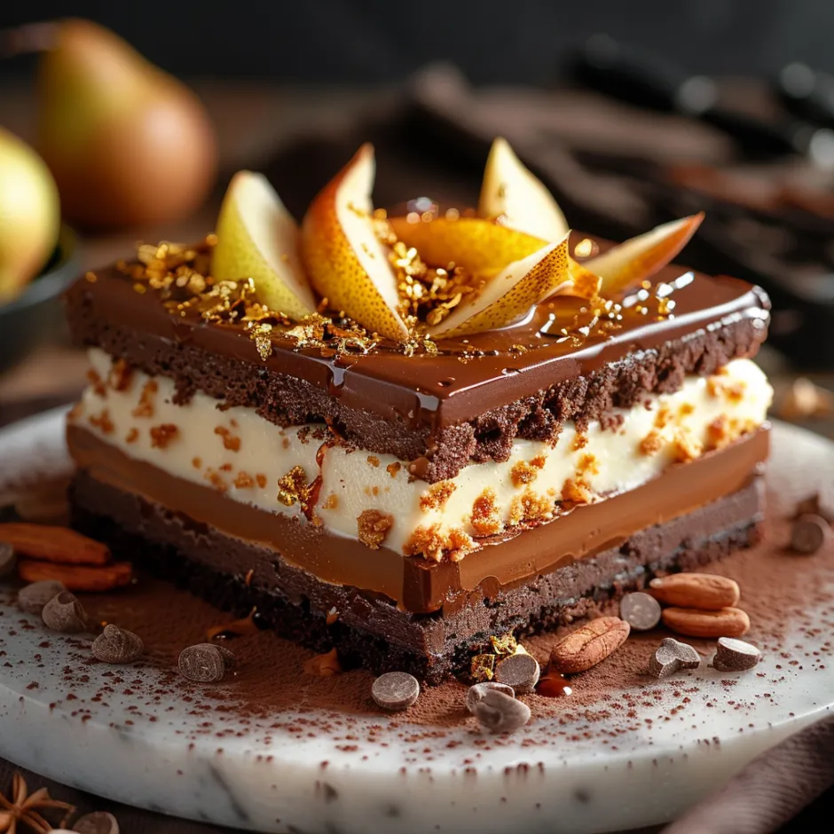 Recette d'entremet chocolat poire praliné avec bavarois, mousse aérienne et base croustillante