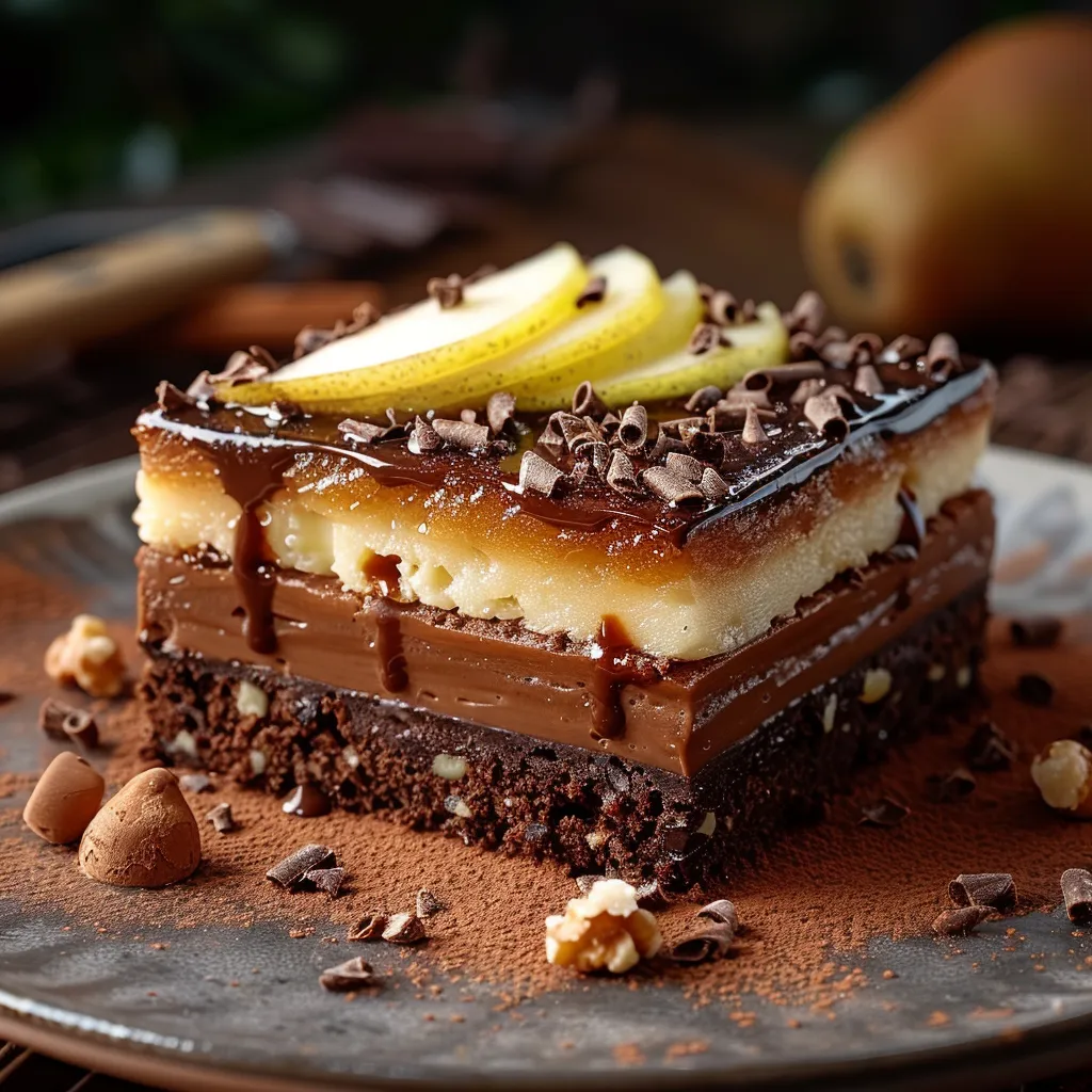 Entremet gourmand alliant bavarois chocolat, mousse aux poires et base croustillante pralinée
