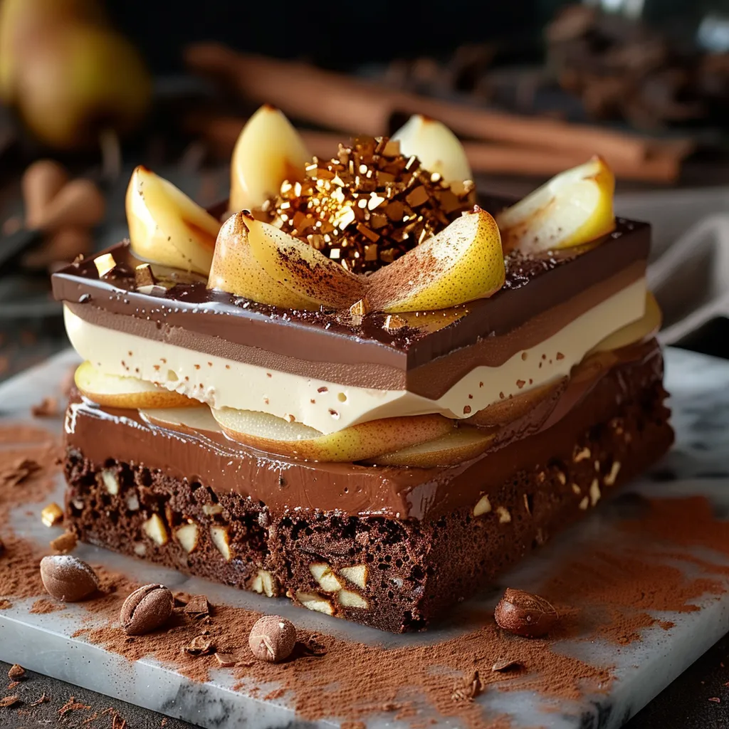 Gâteau mousseux aérien poire – chocolat sur un croustillant au praliné