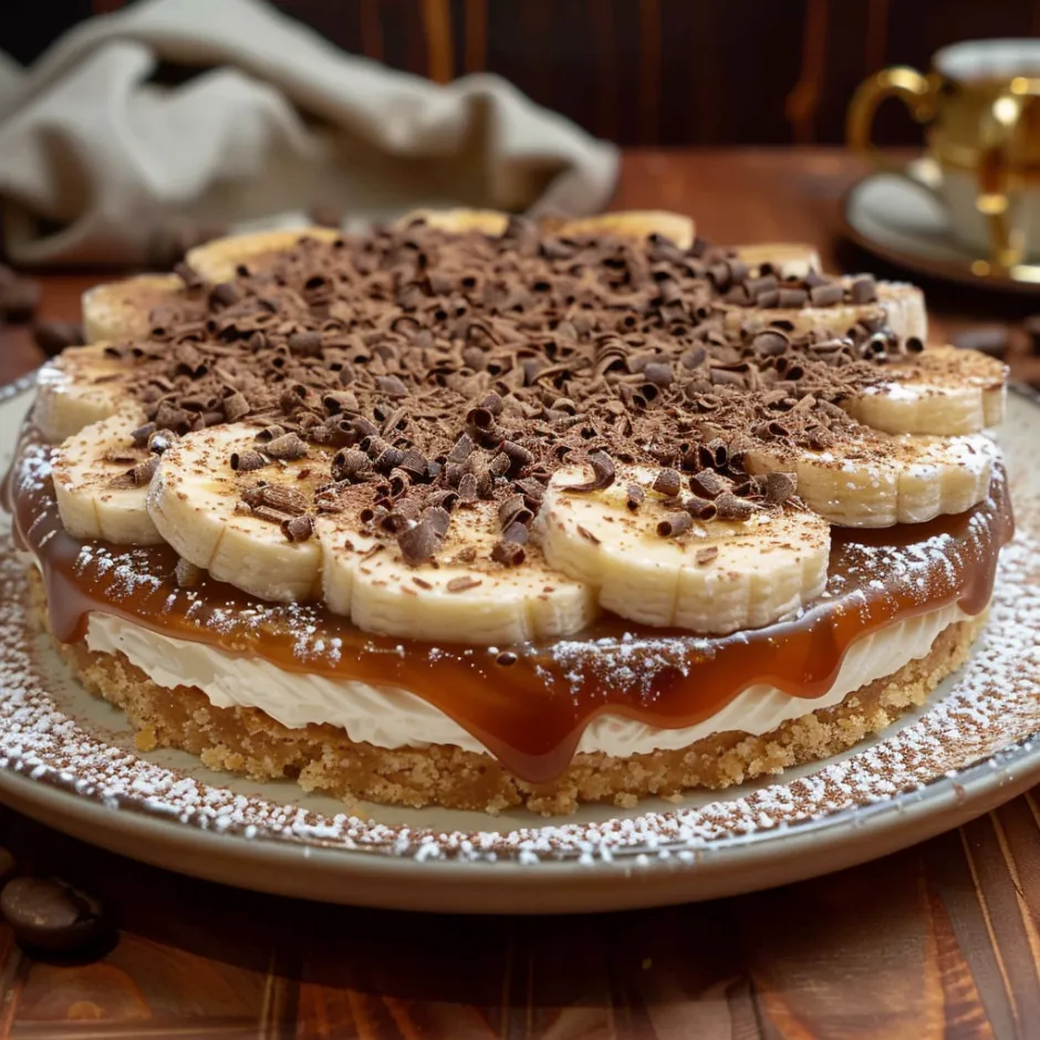 Banoffee Pie anglaise authentique : bananes, caramel, chantilly sur base biscuitée.