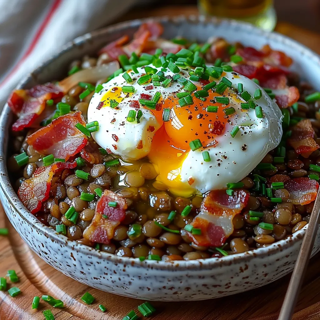 Salade de lentilles tiède à l'œuf poché ! Plat complet facile, gourmand et nutritif