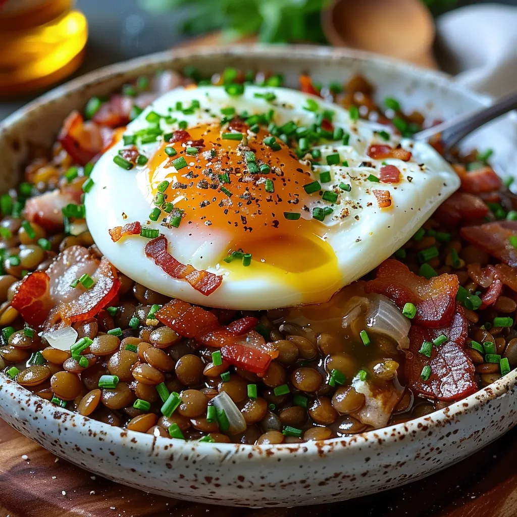 Salade de lentilles tiède à l'œuf poché, facile et gourmande
