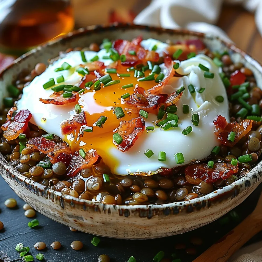 Salade de lentilles tiède à l'œuf poché
