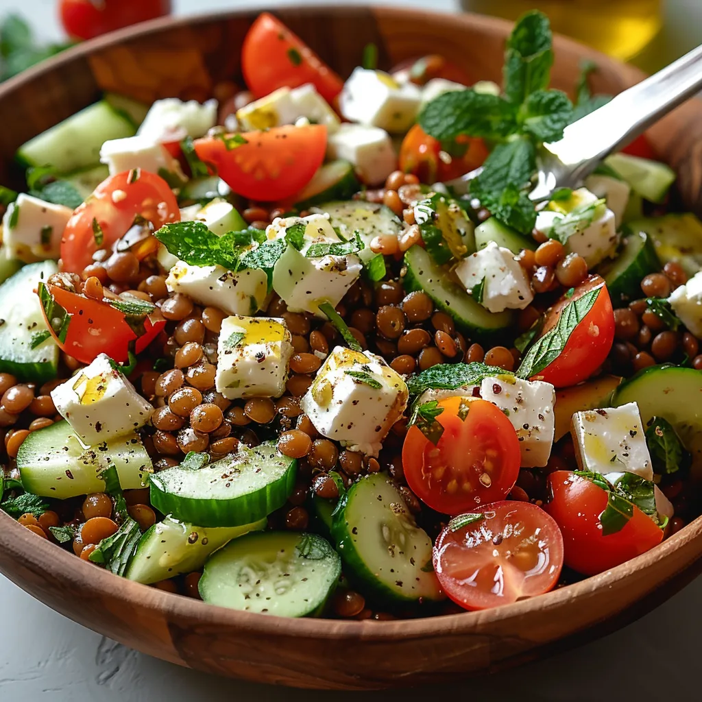 Salade de lentilles feta concombre fraîche et gourmande. Plat estival méditerranéen facile