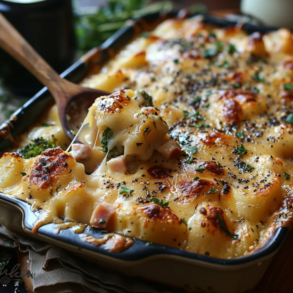 Gratin brocolis jambon béchamel crémeux et réconfortant. Plat familial gourmand au four
