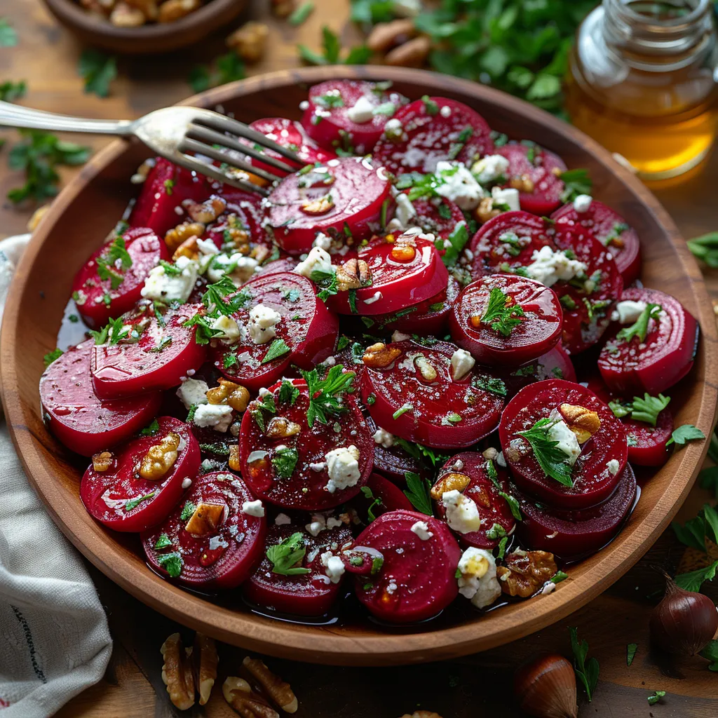 Salade betterave feta noix rôtie, colorée et healthy. Vinaigrette gourmande aux noix, persil frais