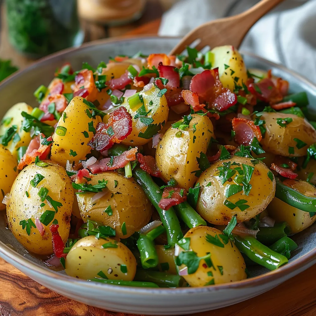 Salade tiède pommes de terre réconfortante et printanière. Haricots verts, lardons, vinaigrette moutarde