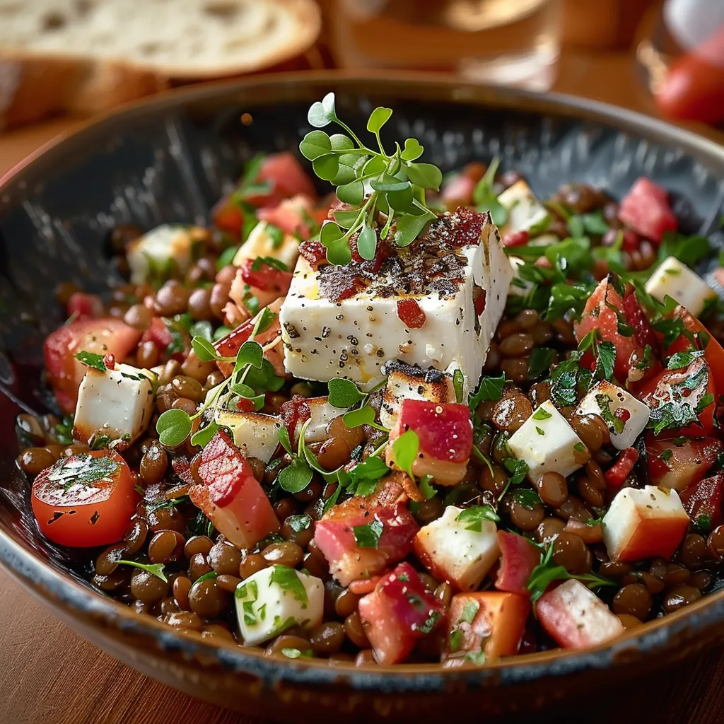 Salade lentilles feta lardons ! Plat complet gourmand et rapide, fraîche et nutritive