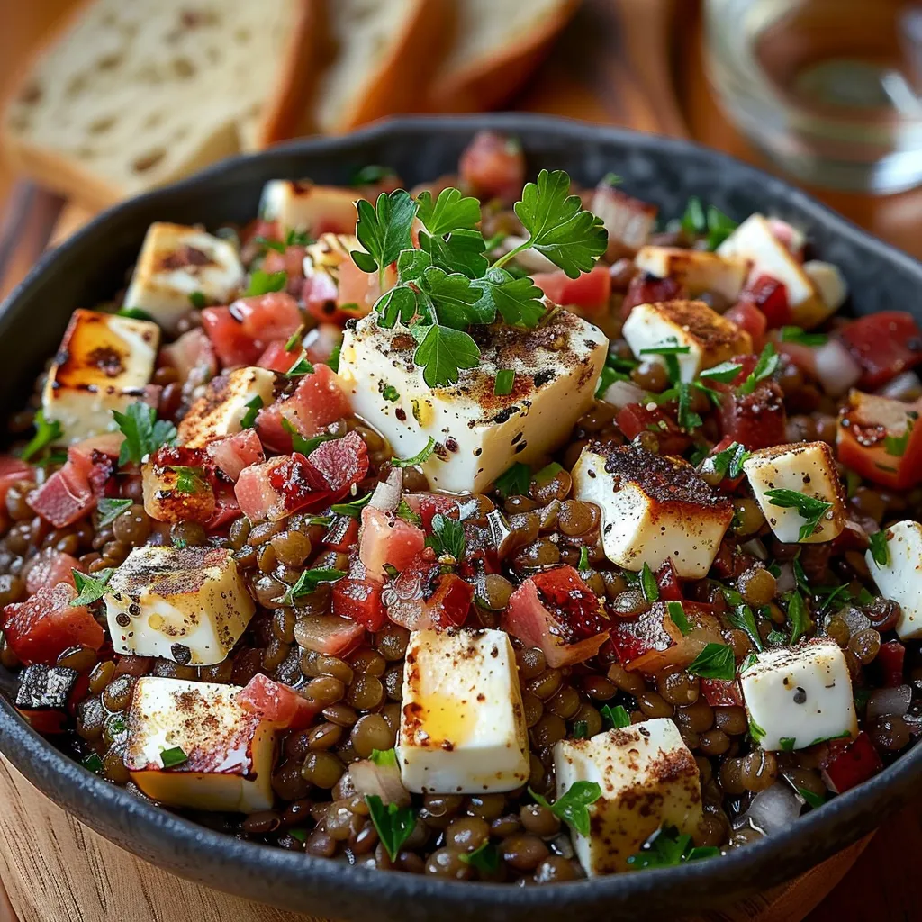 Salade lentilles feta lardons gourmande et rapide