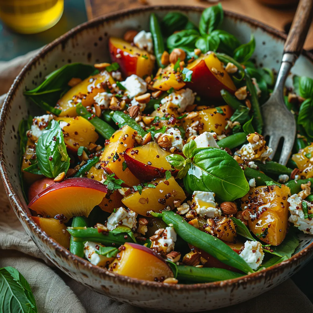 Salade haricots verts aux pêches, feta et noisettes torréfiées