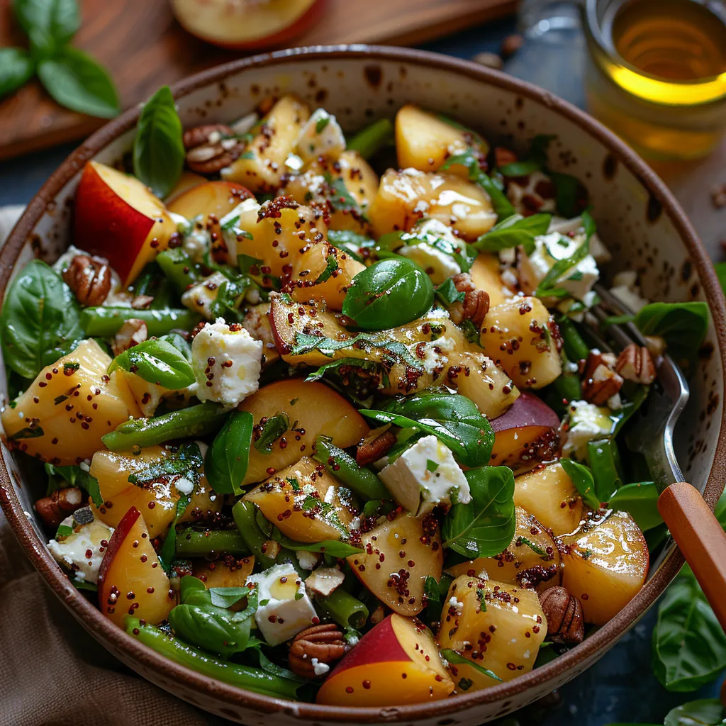 Salade haricots verts aux pêches ! Salade estivale originale avec feta et noisettes torréfiées