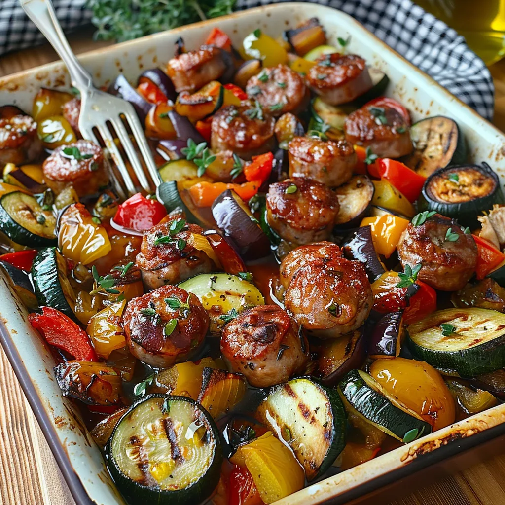 Saucisse de Toulouse au four avec légumes méditerranéens. Plat familial complet, facile et savoureux