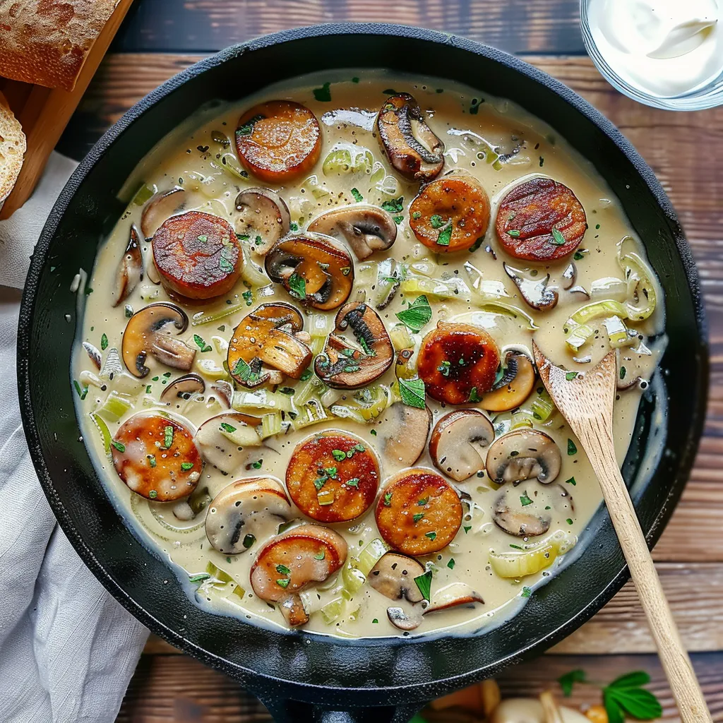BlBanquette de boudin blanc crémeuse et réconfortante. Plat familial avec champignons et poireaux