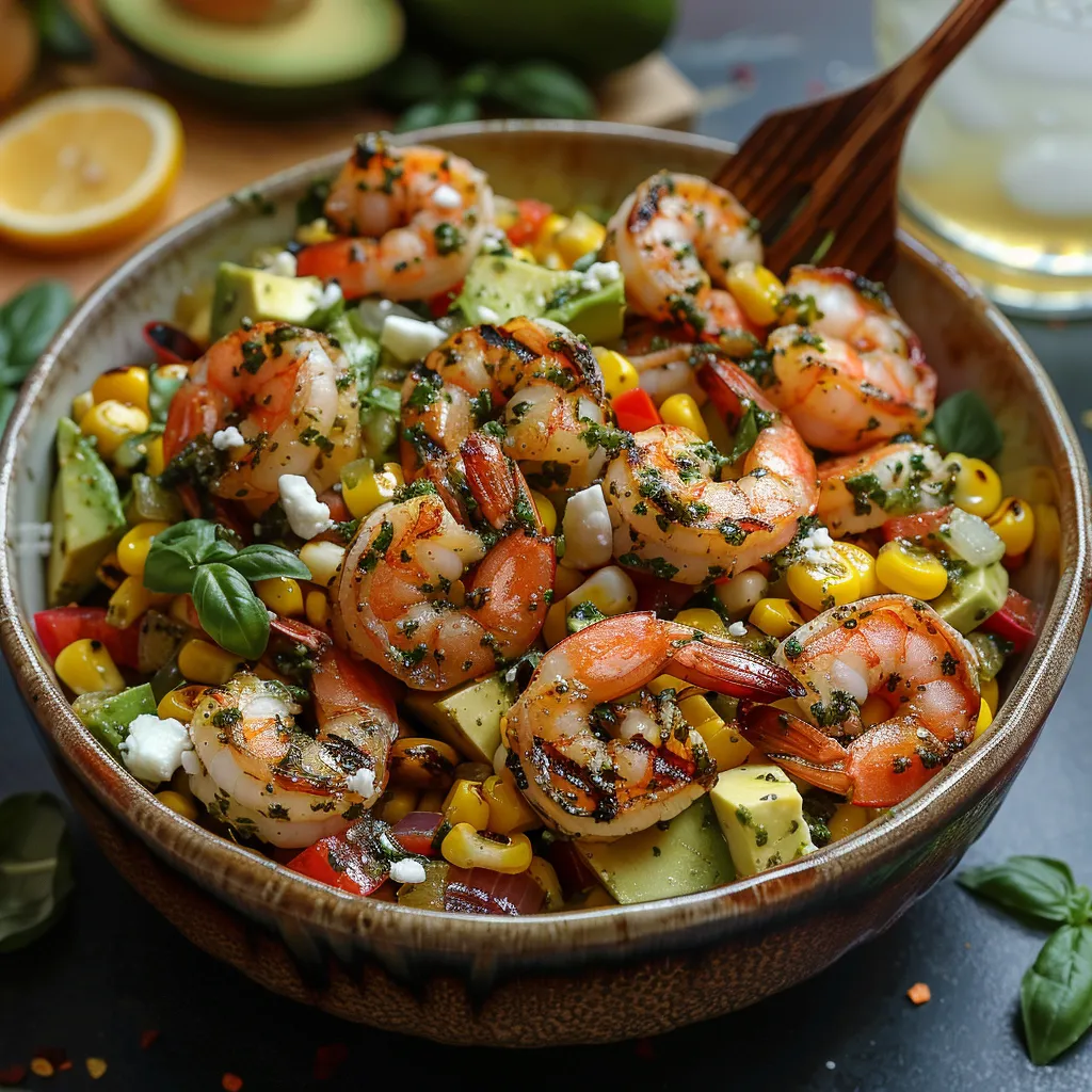 Salade de maïs aux crevettes et au pesto