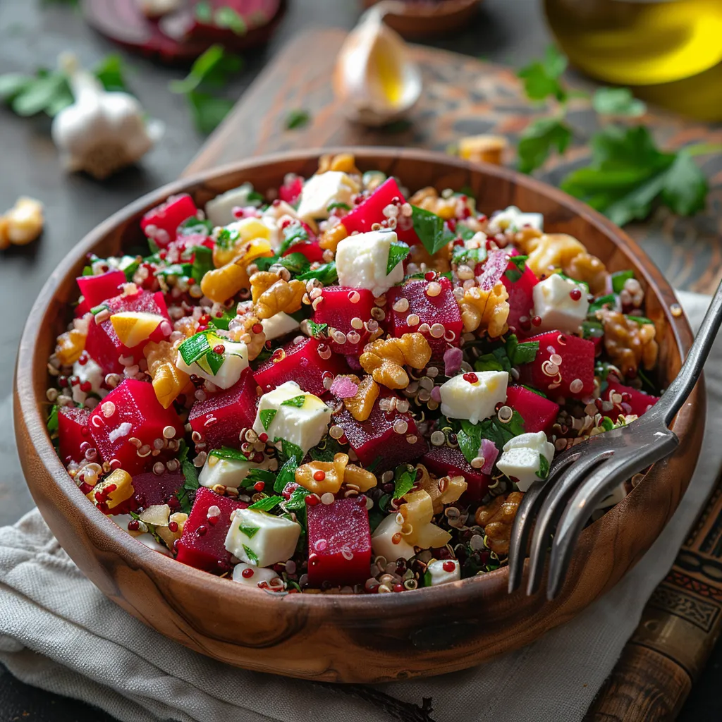 Salade de quinoa, betterave, feta et noix