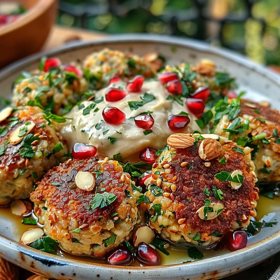Boulettes de Pois Cassés au Cumin, Sauce Tahini et Amandes Grillées