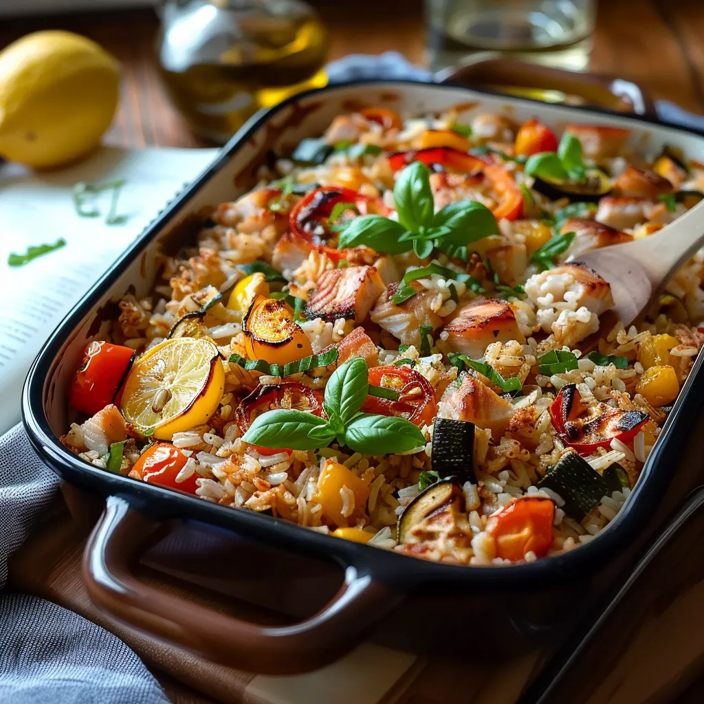 Délicieux riz aux légumes et thon cuit au four
