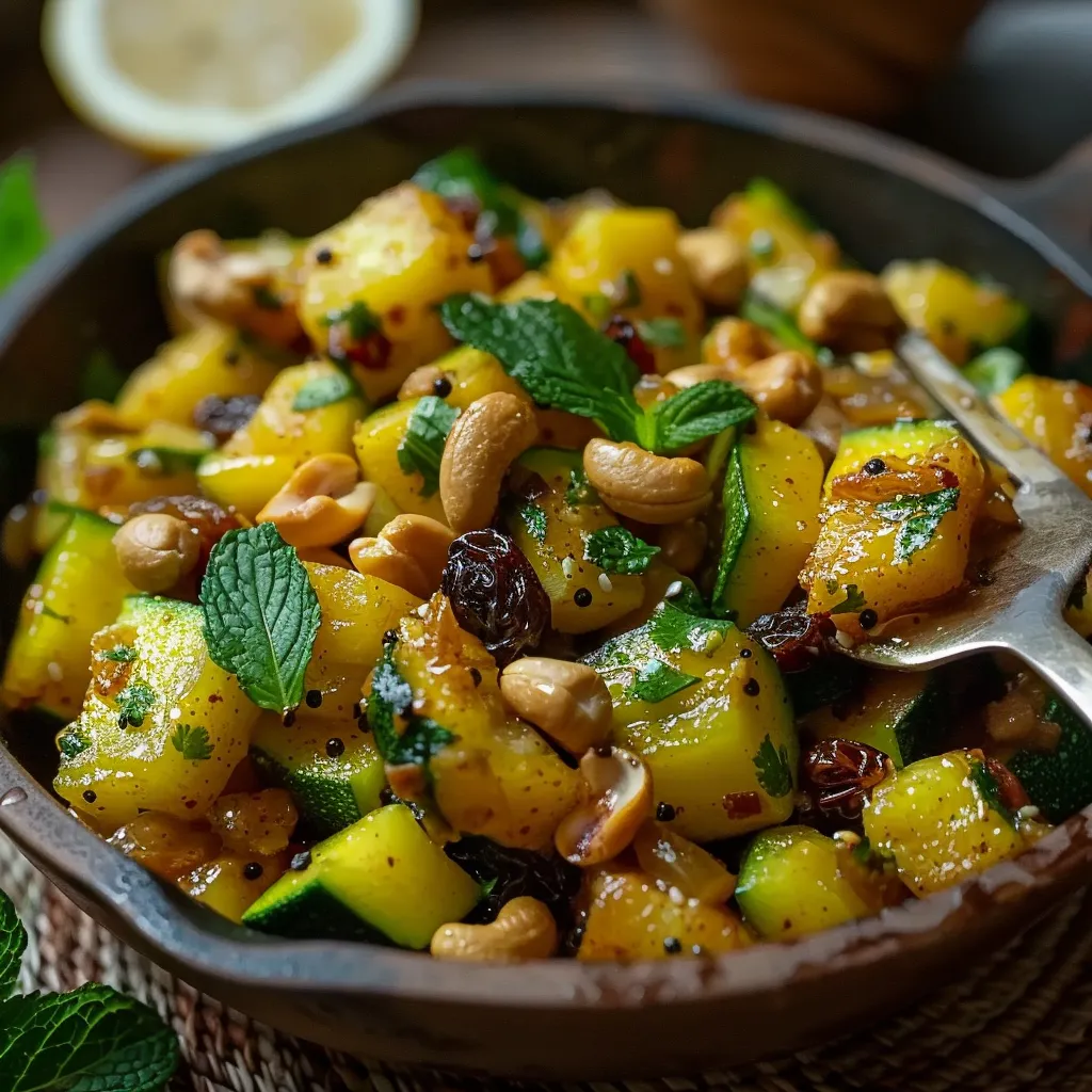 dDélicieuse poêlée de courgettes aux saveurs exotiques : curry doux, raisins secs, cajou et menthe