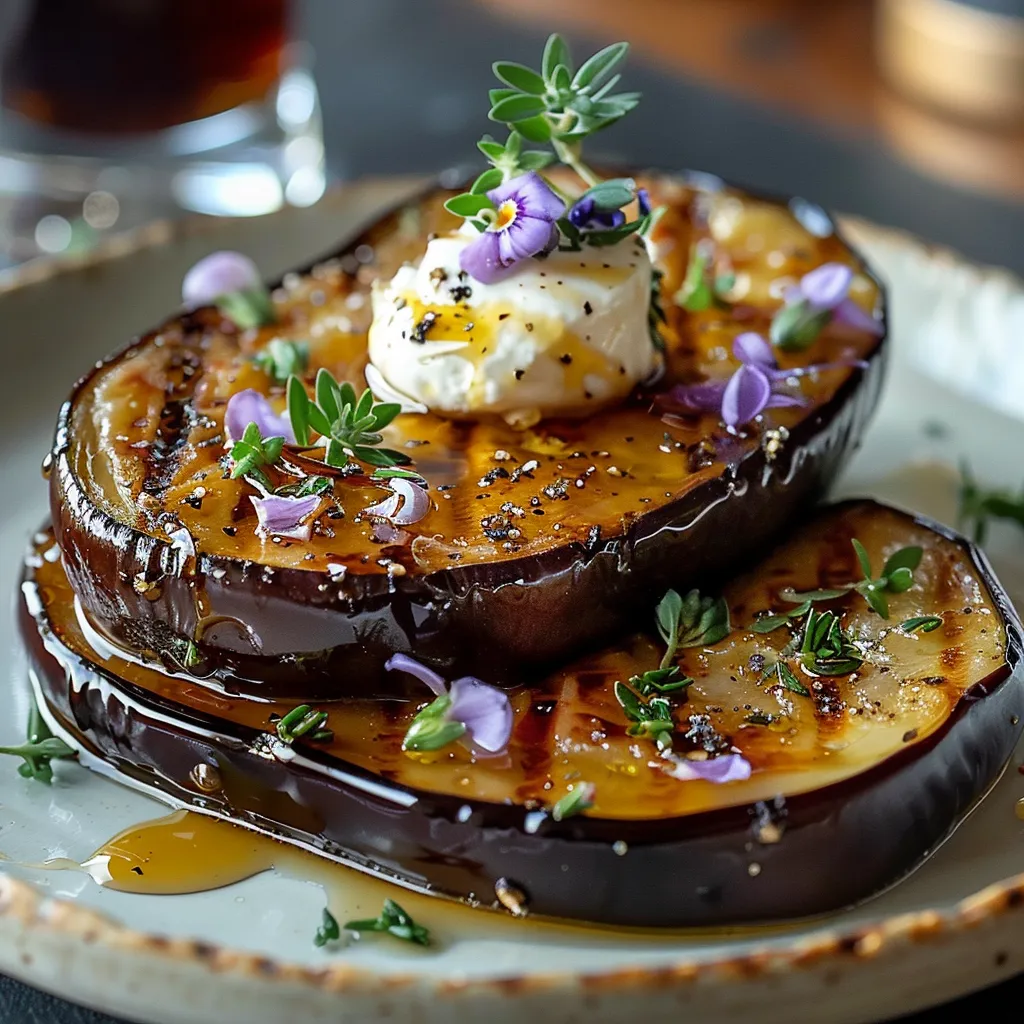 Aubergine Confite au Four, Miel et Thym, Crème de Feta Fouettée