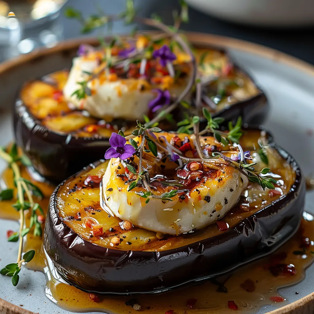 Aubergine confite au four, caramélisée au miel et parfumée au thym