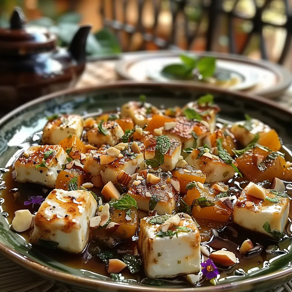 Poêlée d’Aubergines, Nectarine et Basilic, au Fromage de Chèvre Frais et Amandes