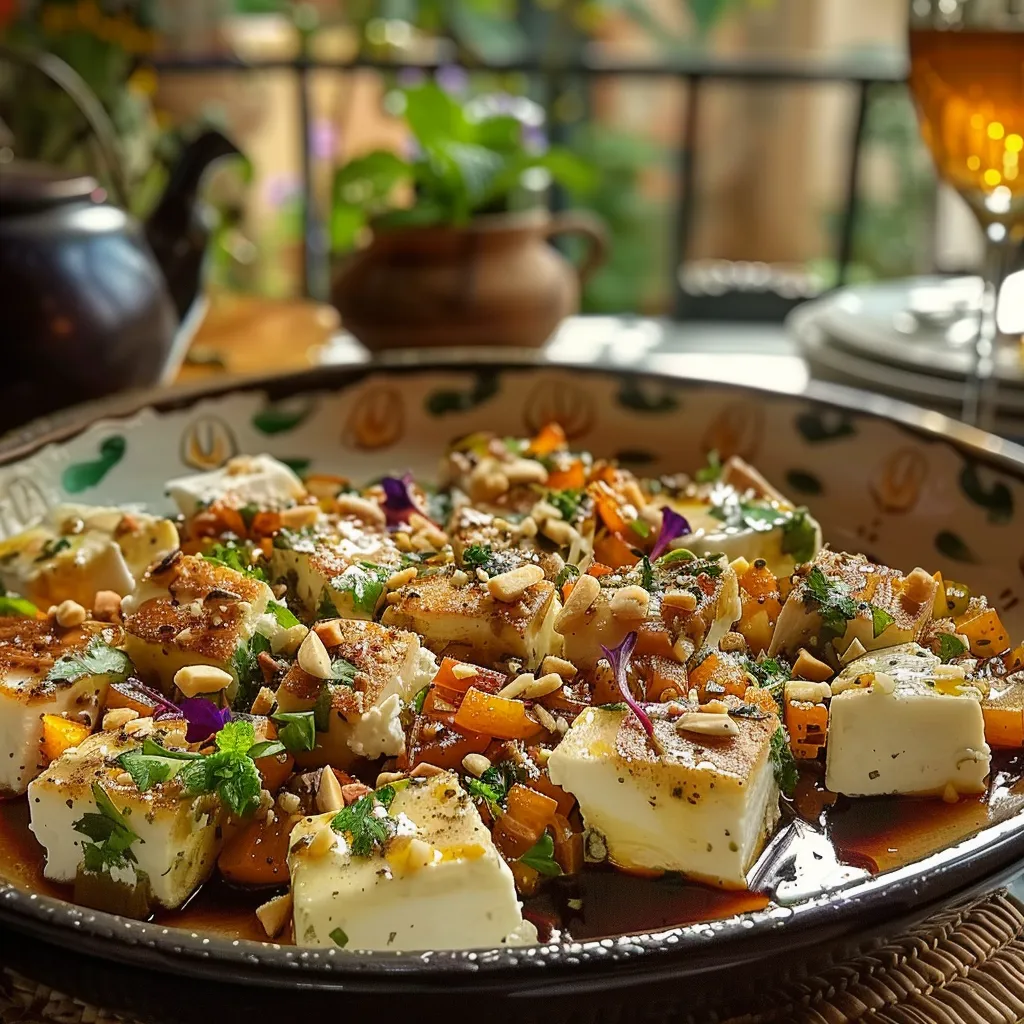 Poêlée audacieuse d'aubergines et nectarines au basilic, fromage de chèvre et amandes
