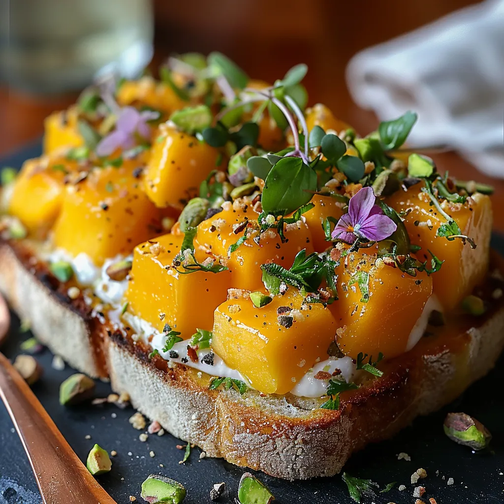 Tartine Froide Avocat-Mangue, Crème Feta Menthe et Gomasio Pistache