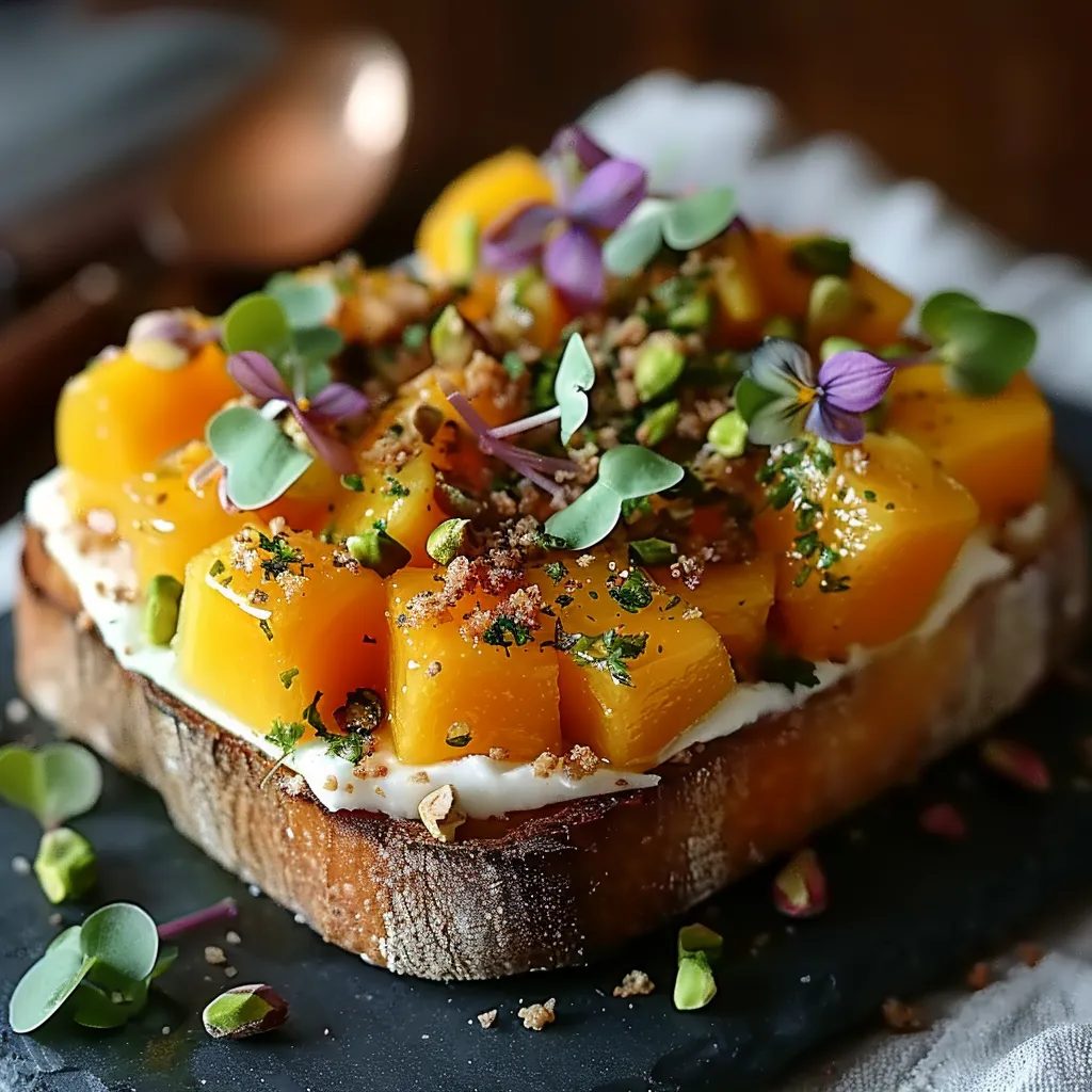Tartine froide vibrante avocat-mangue avec crème feta-menthe et gomasio de pistache