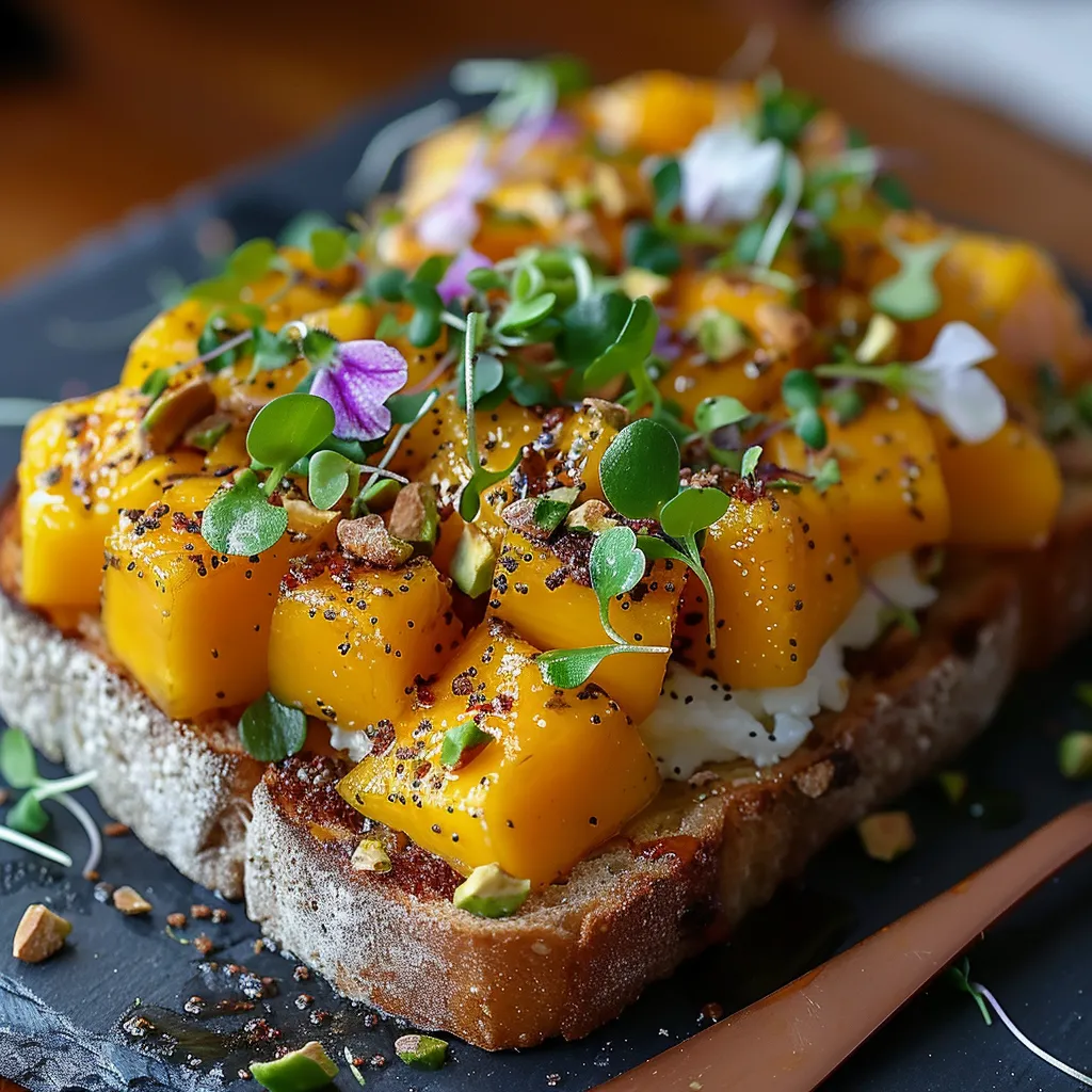 Tartine Froide Avocat-Mangue, Crème Feta Menthe et Gomasio de Pistache
