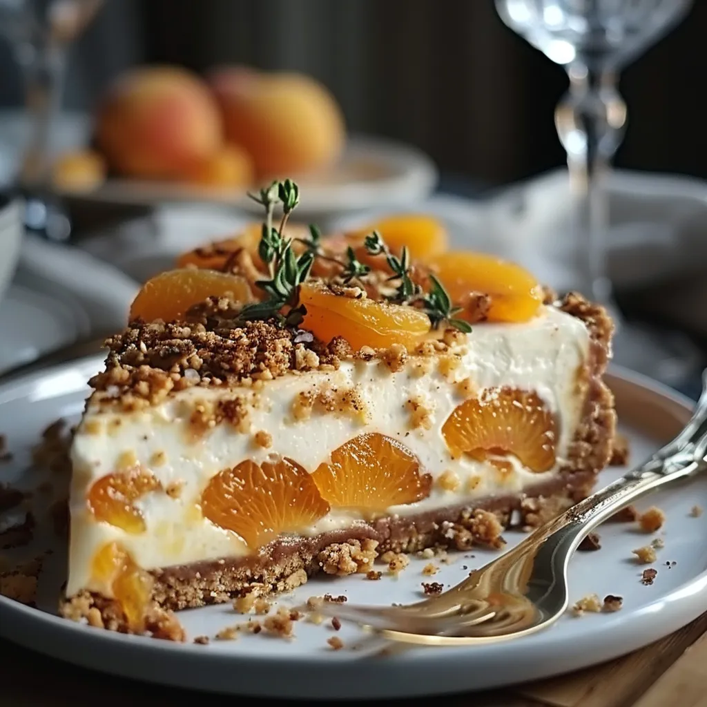 cheesecake salé original aux abricots rôtis et feta fouettée, rehaussé d'un crumble de pignons