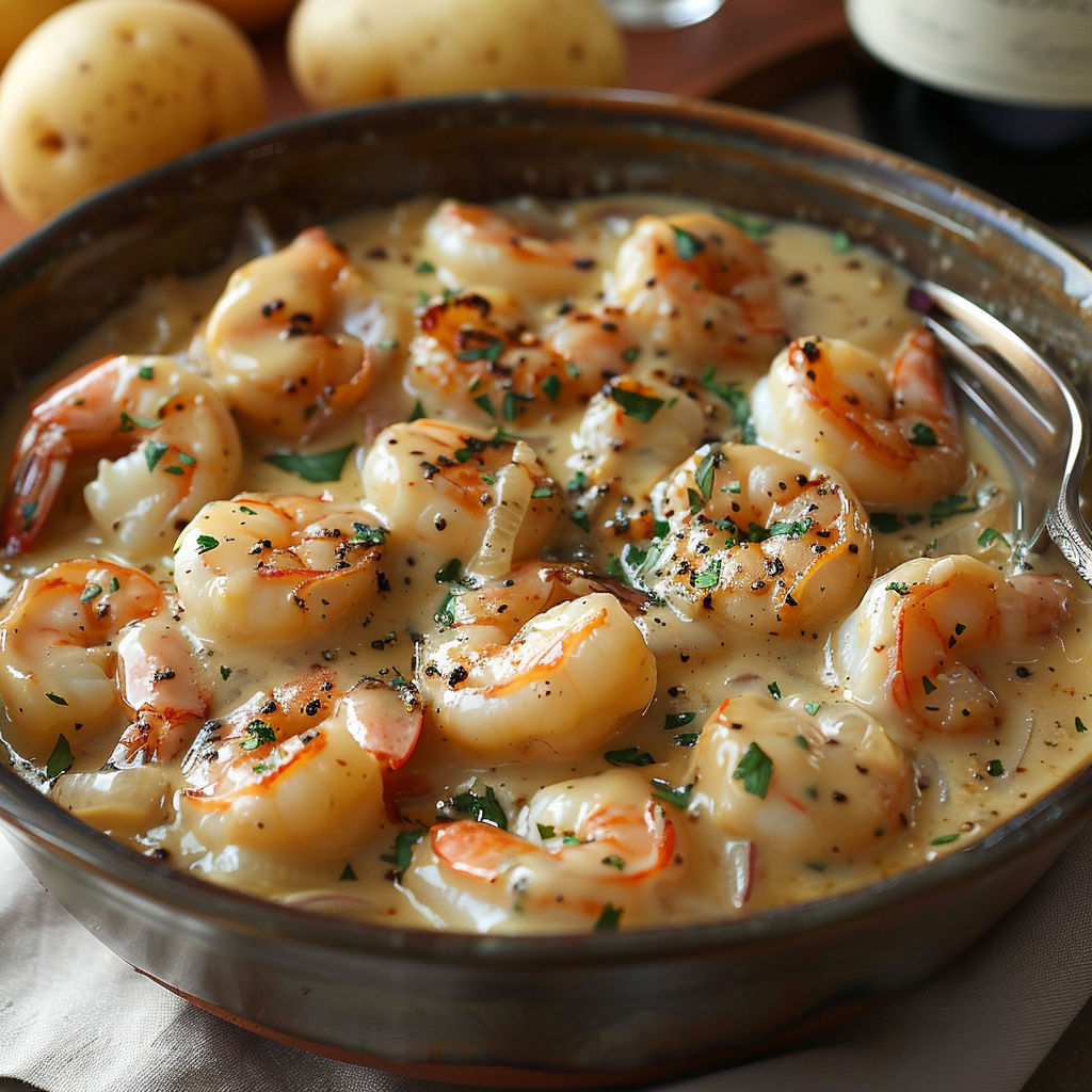 A bowl of shrimp and potatoes.