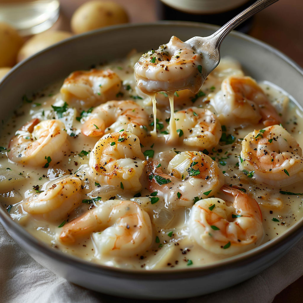 A bowl of shrimp soup with a spoon in it.