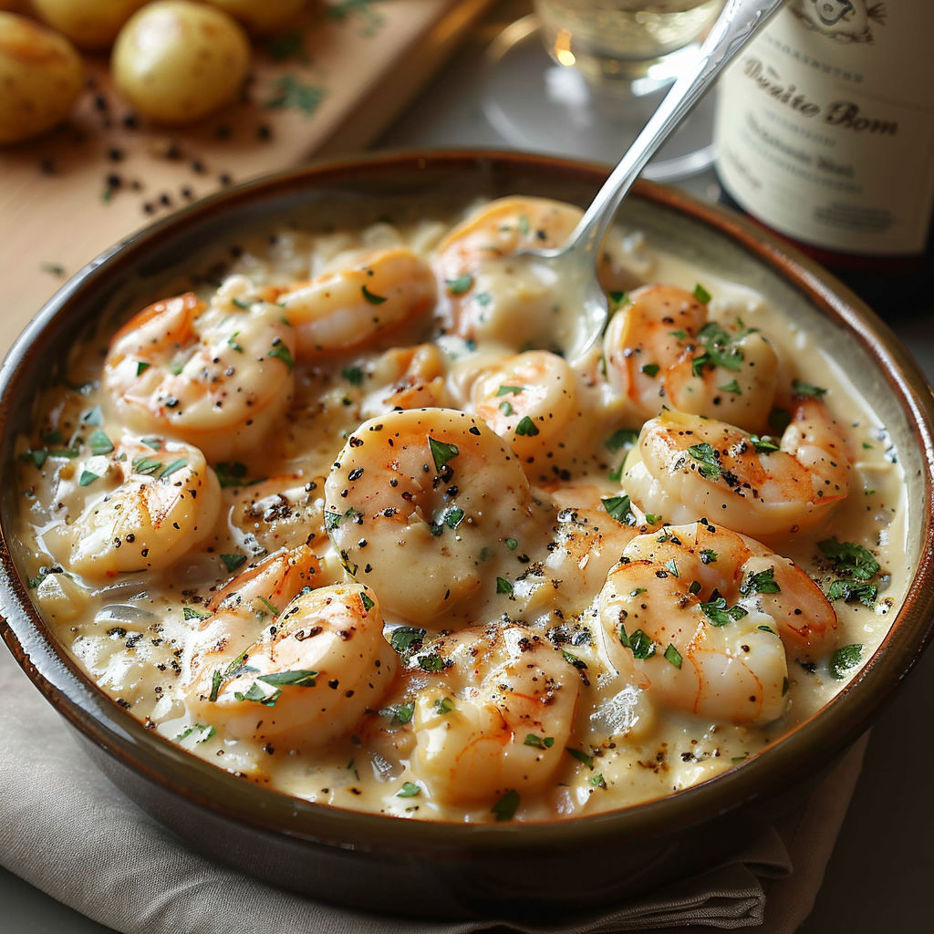 A bowl of shrimp and potatoes.