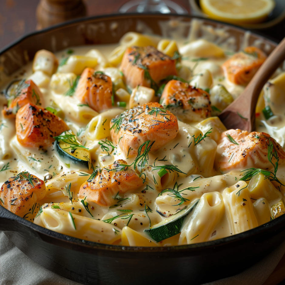 A dish of saumon and pasta.