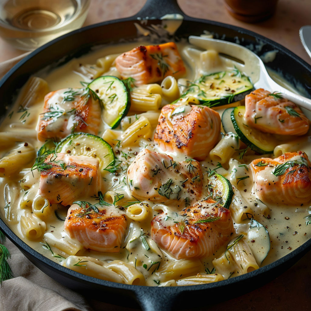 A pan of food with chicken, pasta, and vegetables.