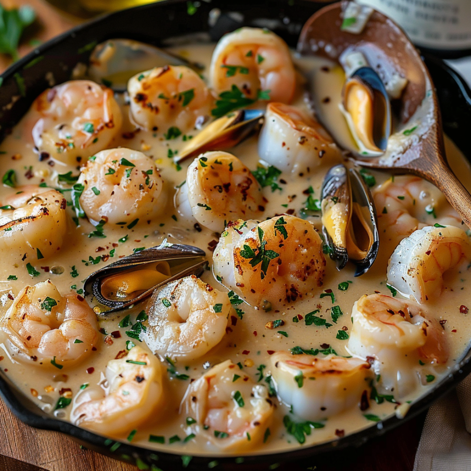 A bowl of shrimp and scallops in a creamy sauce.