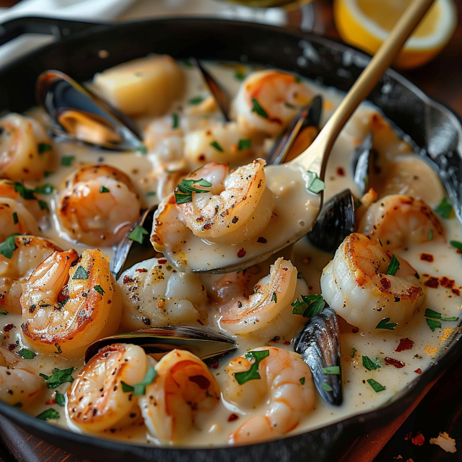 A bowl of shrimp and clams with a spoon in it.