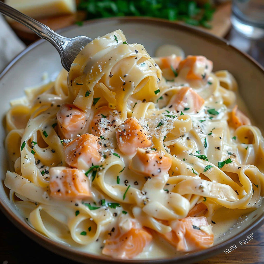 A bowl of pasta with salmon and cheese.