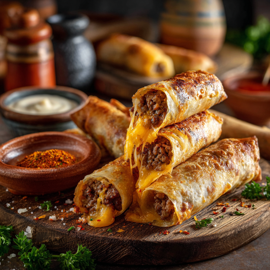 A plate of food with a bowl of sauce and a stack of meat wraps.