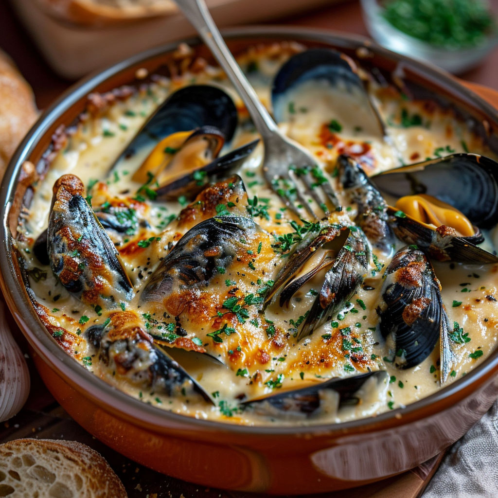 A bowl of mussels in a cream sauce.