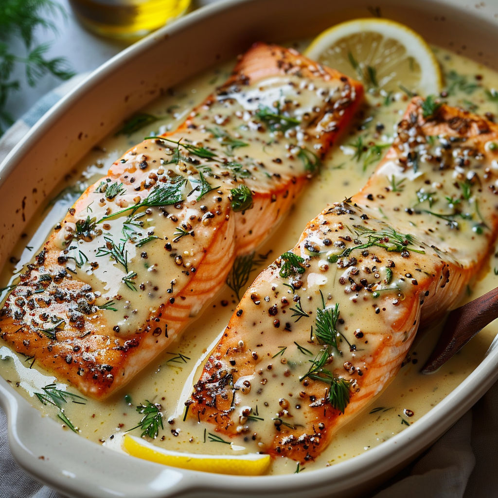 A bowl of fish with lemon and herbs.